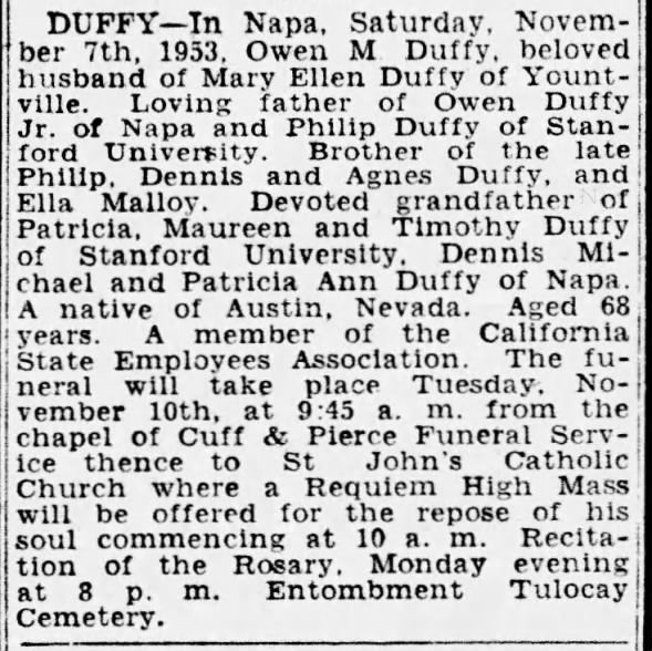 Obituary for Owen M DUFFY (Aged 68)
